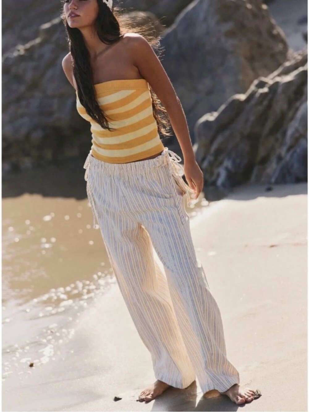 NWT Free People Sun Dazed Cotton Linen Striped Pants Ivory Combo XS